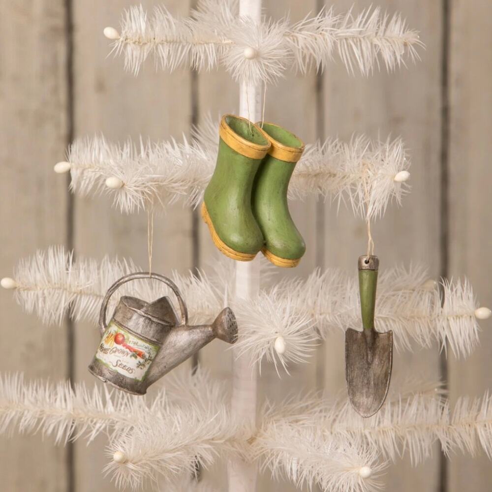 Bethany Lowe Set of 3 Mini Garden Ornaments Rain Boots Watering Can Shovel New